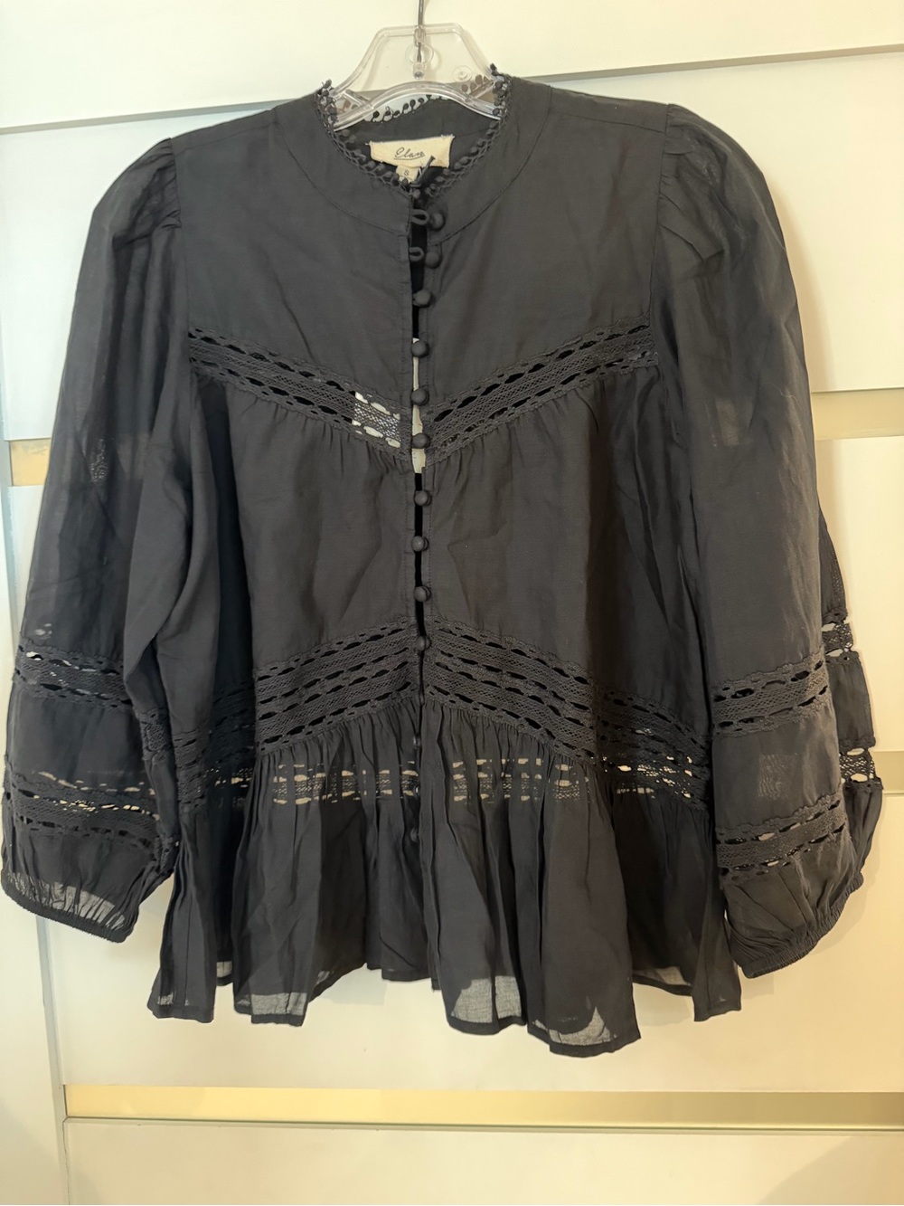 Elan Charcoal Black Lace-Trim Peasant Blouse